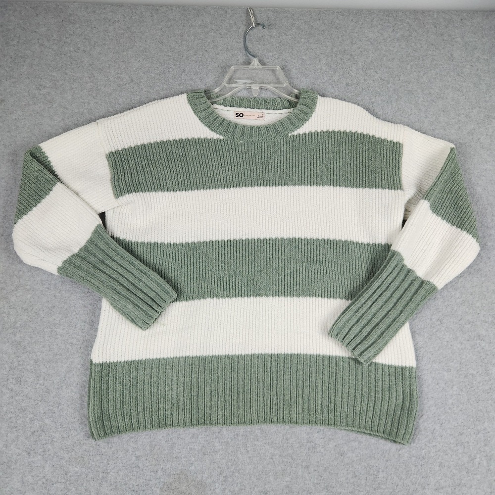 SO Sweater Womens S Green White Striped Chenille Knit Crewneck Relaxed Pullover